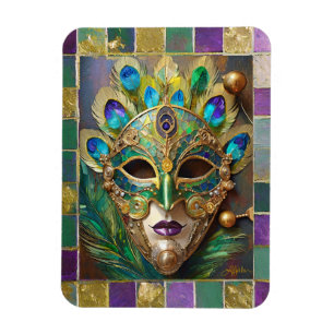 Mardi Gras Gold Ceramic Peacock Feather Mask Magnet