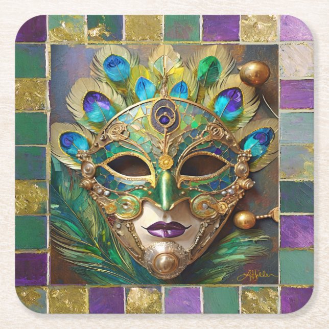 Mardi Gras Gold Ceramic Peacock Feather Mask Square Paper Coaster (Front)