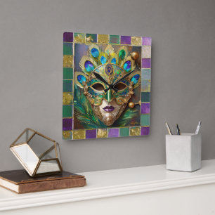 Mardi Gras Gold Ceramic Peacock Feather Mask Square Wall Clock