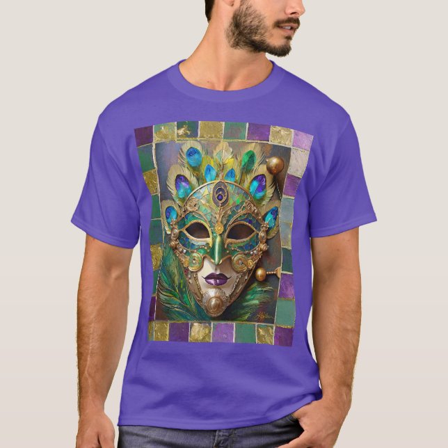 Mardi Gras Gold Ceramic Peacock Feather Mask T-Shirt (Front)