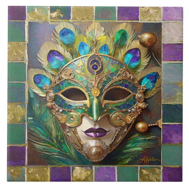 Mardi Gras Gold Ceramic Peacock Feather Mask Tile (Front)