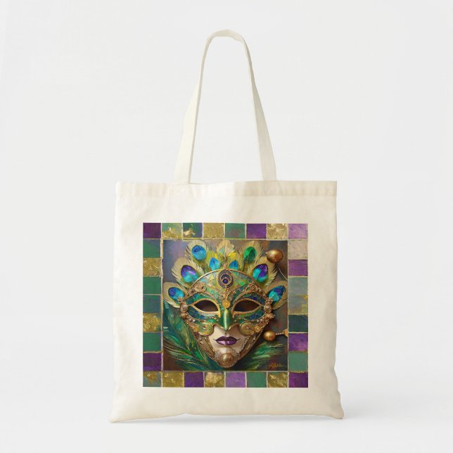 Mardi Gras Gold Ceramic Peacock Feather Mask Tote Bag (Front)