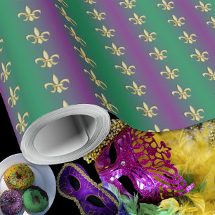 Mardi Gras Gold Fleur-De-Lis on Purple and Green Wrapping Paper