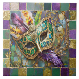 Mardi Gras Gold & Green Colourful Feathers Mask Ceramic Tile