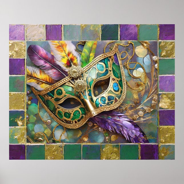 Mardi Gras Gold & Green Colourful Feathers Mask Poster (Front)
