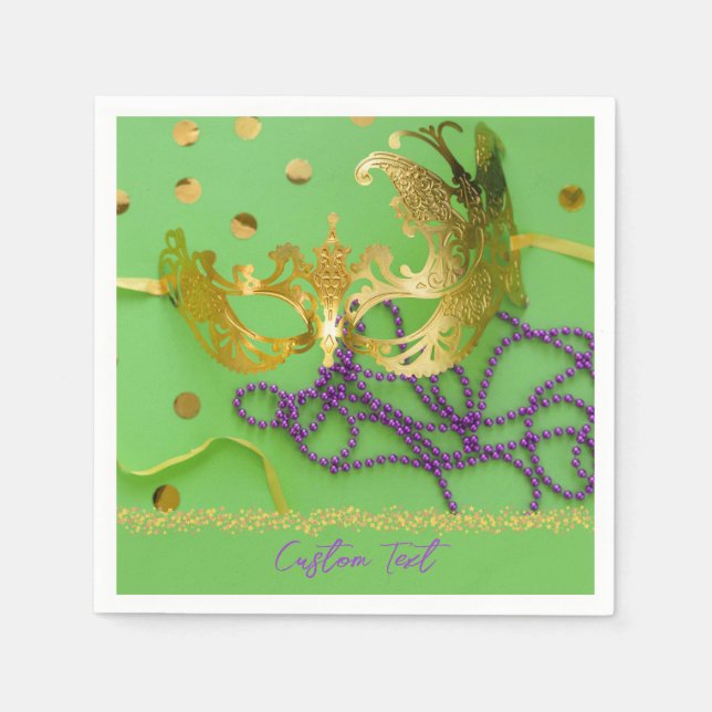 Mardi Gras Gold Mask Purple Beads Personalised Napkin (Front)