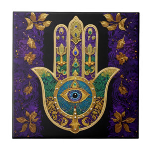 Mardi Gras Gold Purple Green Hamsas Art Ceramic Tile