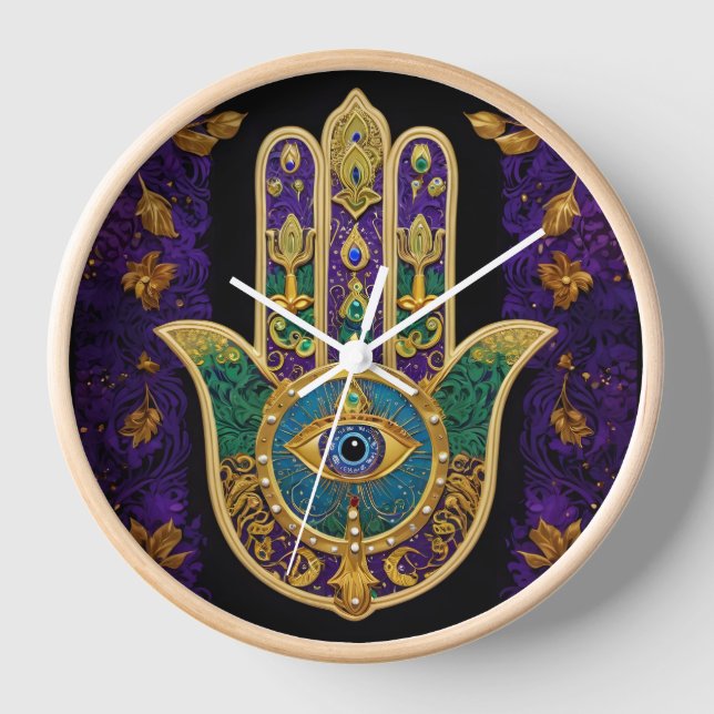 Mardi Gras Gold Purple Green Hamsas Art Clock (Front)
