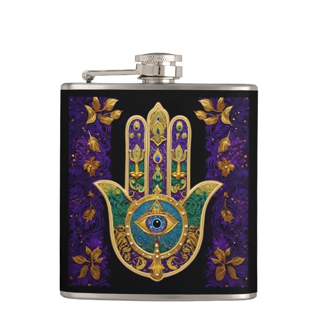 Mardi Gras Gold Purple Green Hamsas Art Hip Flask (Front)