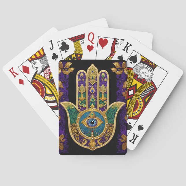 Mardi Gras Gold Purple Green Hamsas Art Playing Cards (Back)