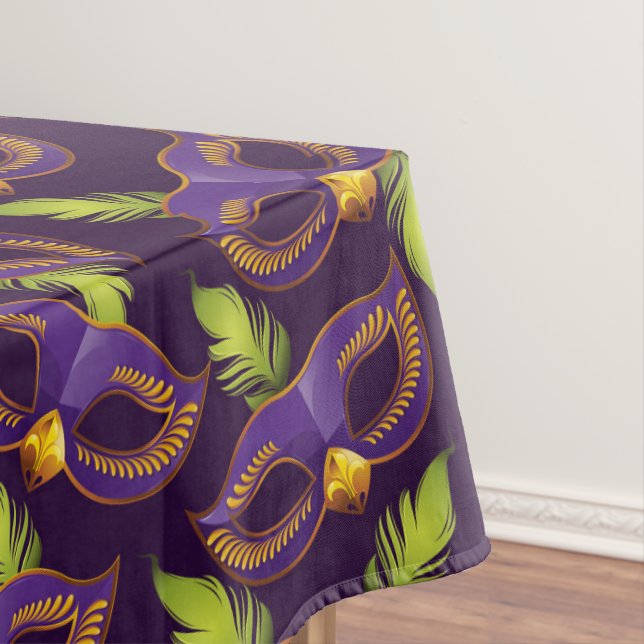 Mardi Gras Golden Purple Mask Green Feathers Tablecloth (In Situ)