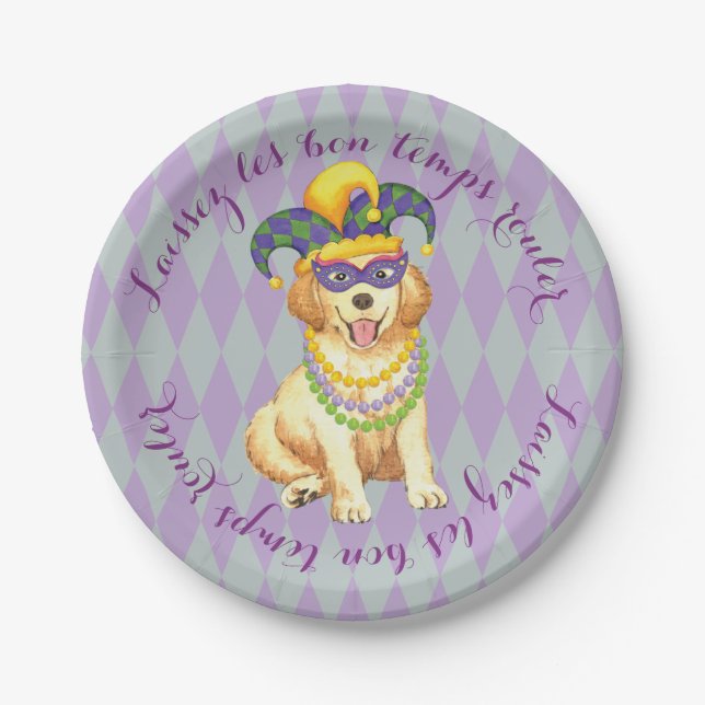 Mardi Gras Golden Retriever Paper Plate (Front)