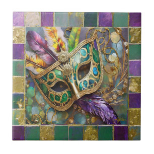 Mardi Gras Green and Gold Colourful Feathers Mask Ceramic Tile