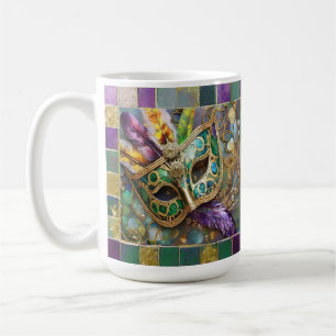 Mardi Gras Green and Gold Colourful Feathers Mask Coffee Mug