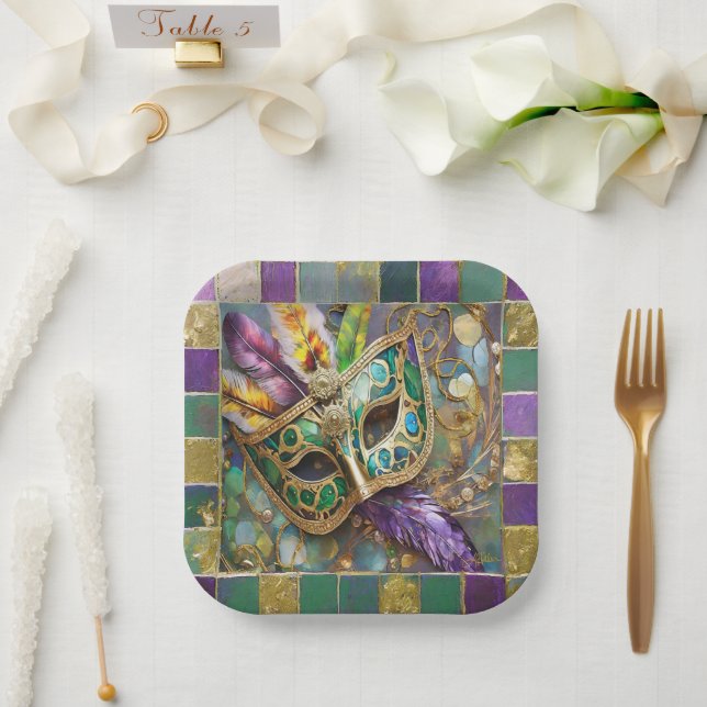 Mardi Gras Green and Gold Colourful Feathers Mask Paper Plate (Wedding)