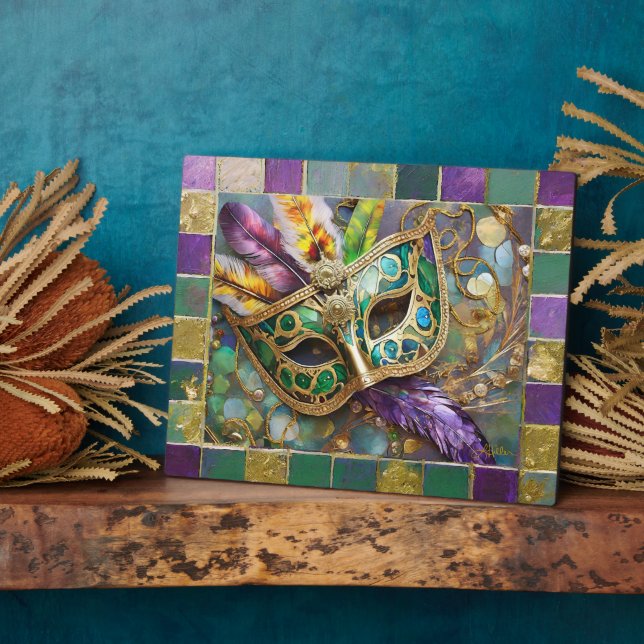 Mardi Gras Green and Gold Colourful Feathers Mask Plaque (Side)