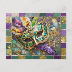 Mardi Gras Green and Gold Colourful Feathers Mask Postcard