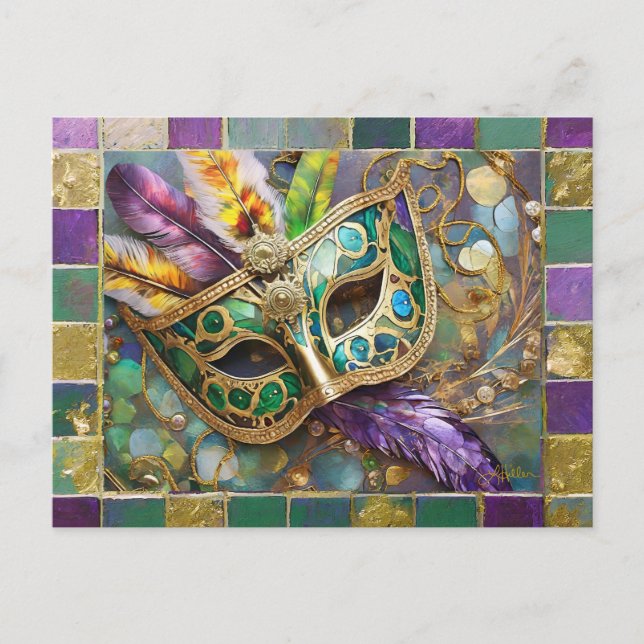 Mardi Gras Green and Gold Colourful Feathers Mask Postcard (Front)