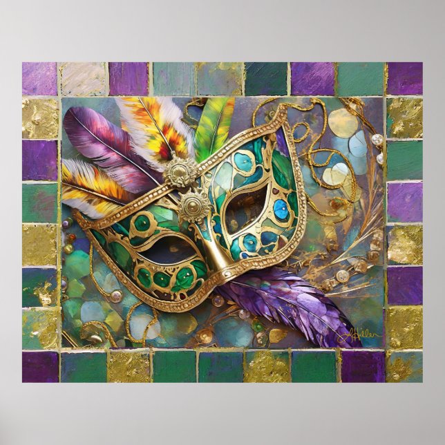 Mardi Gras Green and Gold Colourful Feathers Mask Poster (Front)