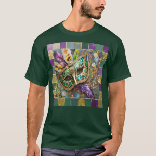 Mardi Gras Green and Gold Colourful Feathers Mask T-Shirt