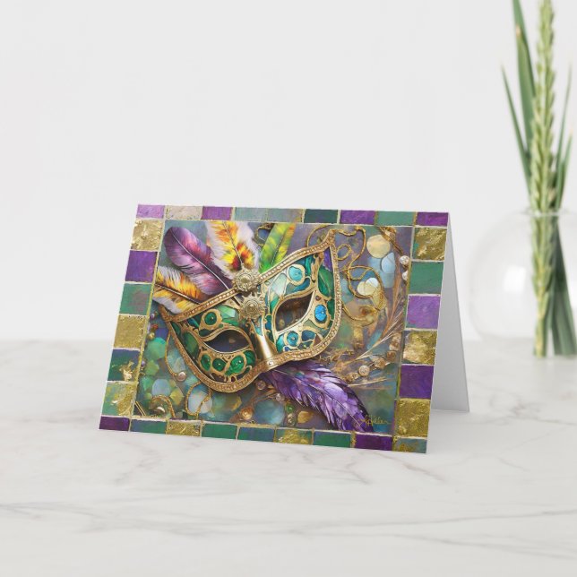 Mardi Gras Green and Gold Colourful Feathers Mask Thank You Card (Front)