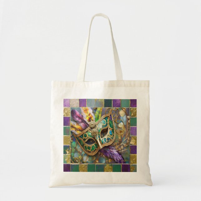 Mardi Gras Green and Gold Colourful Feathers Mask Tote Bag (Front)