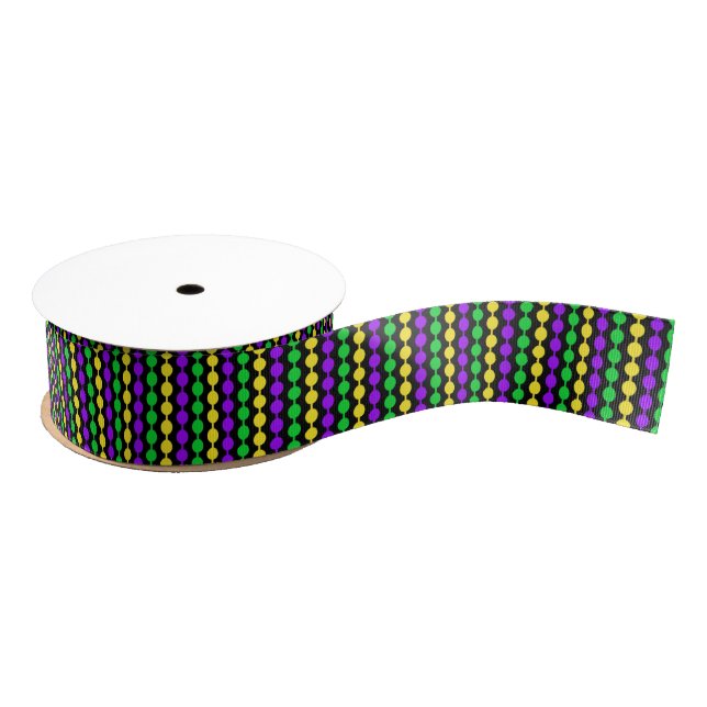 Mardi Gras Green, Yellow, Purple Beads on Black Grosgrain Ribbon (Spool)