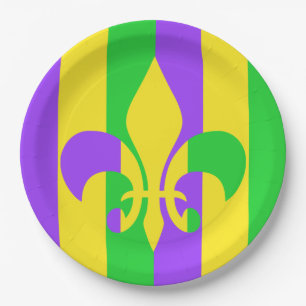 Mardi Gras Green Yellow Purple Fleur-de-Lis Paper Plate