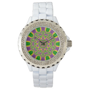 Mardi Gras Green Yellow Purple Pattern Mandala Watch