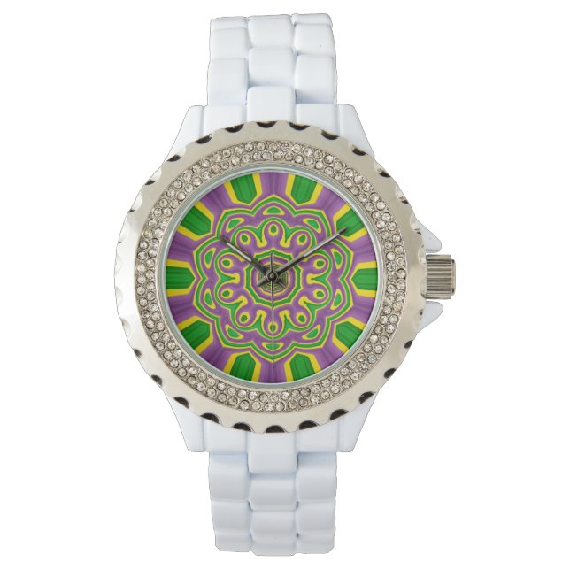 Mardi Gras Green Yellow Purple Pattern Mandala Watch (Front)