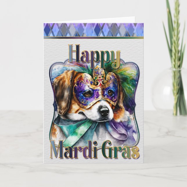 Mardi Gras Greeting Card, Mardi Gras Beagle Puppy Card (Front)