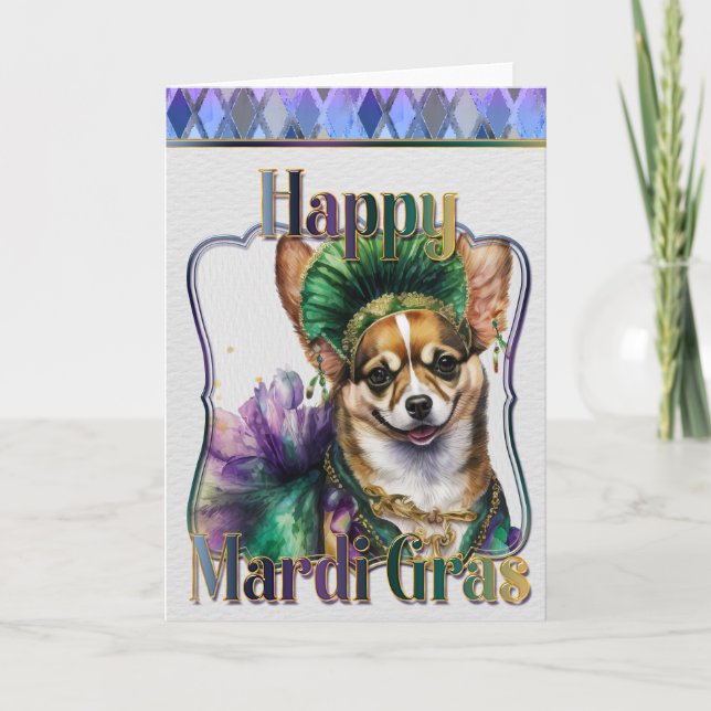 Mardi Gras Greeting Card, Mardi Gras Chihuahua Card (Front)