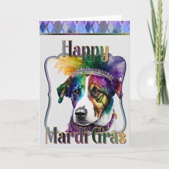 Mardi Gras Greeting Card, Mardi Gras Jack Russell Card (Front)
