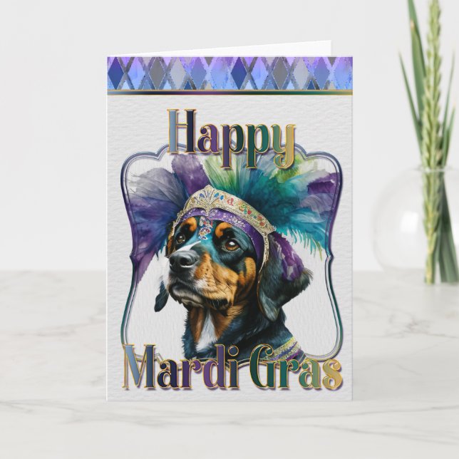 Mardi Gras Greeting Card, Mardi Gras Rottweiler Card (Front)