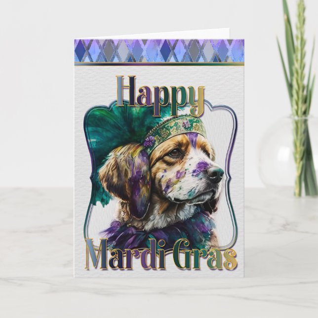 Mardi Gras Greeting Card, Mardi Gras Spaniel Card (Front)