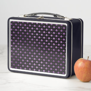 Mardi Gras Grid Bright Purple Fleur De Lis NOLA Metal Lunch Box