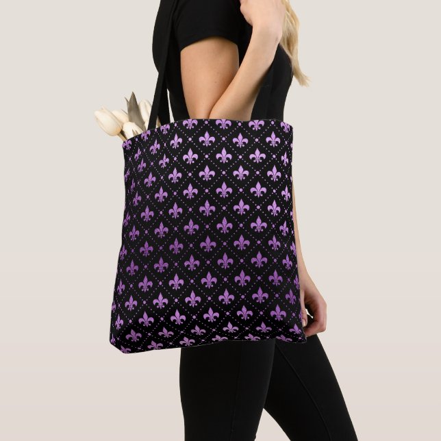 Mardi Gras Grid Bright Purple Fleur De Lis NOLA Tote Bag (Close Up)