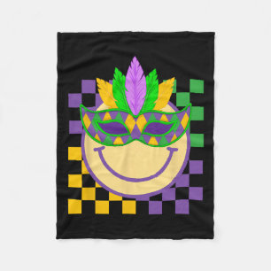 Mardi Gras Groovy Smile Face Wearing Mask Checkere Fleece Blanket