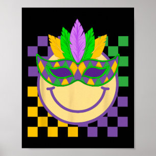 Mardi Gras Groovy Smile Face Wearing Mask Checkere Poster