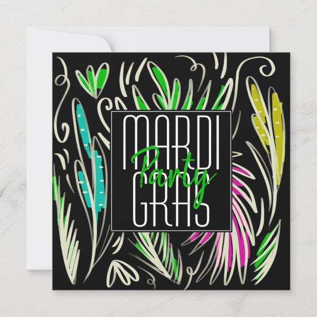 Mardi Gras Hand Drawn Botanical Pink Black Square Invitation (Front)