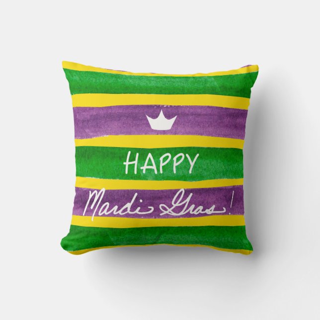 Mardi Gras Hand Painted Purple Green Gold Stripes Cushion (Front)