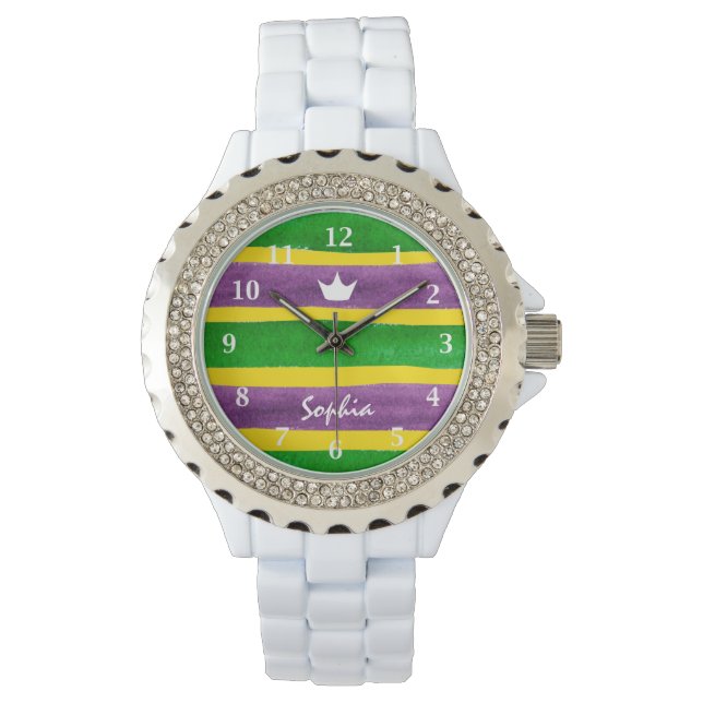 Mardi Gras Hand Painted Purple Green Gold Stripes Watch (Front)