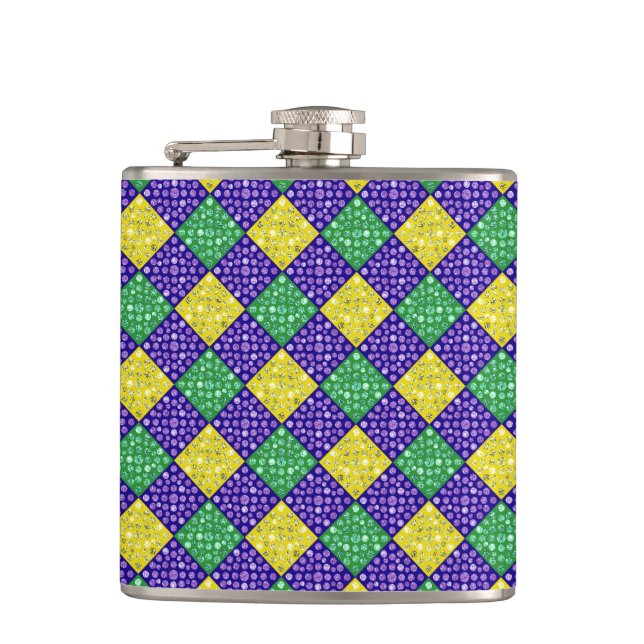 Mardi Gras Harlequin Diamond Carnival Pattern Hip Flask (Front)