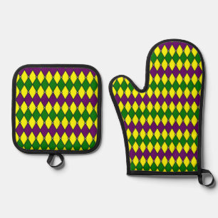 Mardi Gras Harlequin Diamond Pattern Oven Mitt & Pot Holder Set