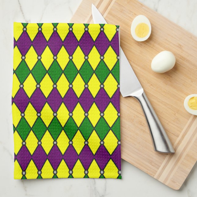 Mardi Gras Harlequin Diamond Pattern Tea Towel (Quarter Fold)