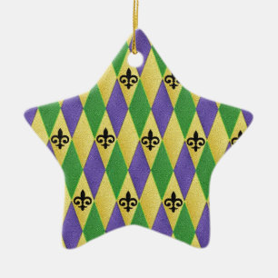 Mardi Gras Harlequin Fleur De Lis Ceramic Ornament