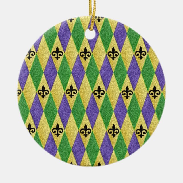 Mardi Gras Harlequin Fleur De Lis Ceramic Ornament (Front)
