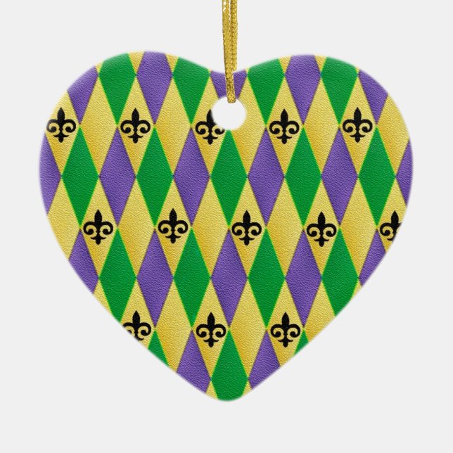 Mardi Gras Harlequin Fleur De Lis Ceramic Tree Decoration (Front)