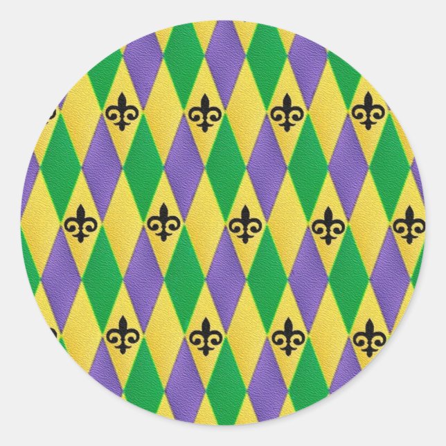 Mardi Gras Harlequin Fleur De Lis Classic Round Sticker (Front)