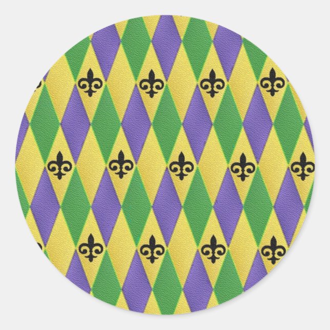 Mardi Gras Harlequin Fleur De Lis Classic Round Sticker (Front)